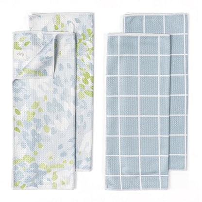 ELYN Microfiber Kitchen Dish Towel Set, Quick-Dry & Absorbent Waffle Weave Cleaning Towels, Set of 4 Kitchen Towels, Paper Towels Alternative (Painterly Floral & Grid) - color: Painterly Floral & Grid, style: Dish Towel - 4 Pack