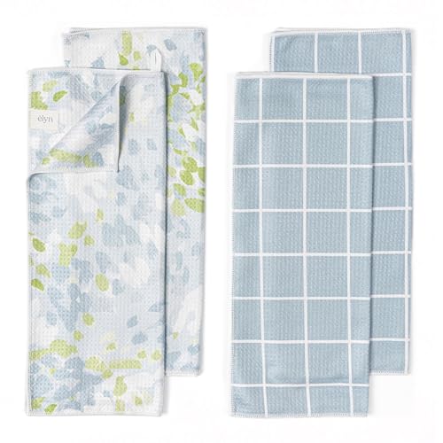 ELYN Microfiber Kitchen Dish Towel Set, Quick-Dry & Absorbent Waffle Weave Cleaning Towels, Set of 4 Kitchen Towels, Paper Towels Alternative (Painterly Floral & Grid) - color: Painterly Floral & Grid, style: Dish Towel - 4 Pack