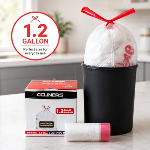 1.2 Gallon (240 Bags) Small White Drawstring Trash Bags Code A 4.5 Liter Bathroom Mini Garbage Bags 1 Gallon Wastebasket Can Liners for Home Office Bins, 240 Count