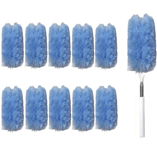 Heavy Duty Duster Refills, Disposable Dusters Kit for Cleaning Dusting Furniture Blind Ceiling Fan, Multi Surface 360 Feather Duster(10)+3FT Extended Handle（1） (Navy Blue) - color: Navy Blue
