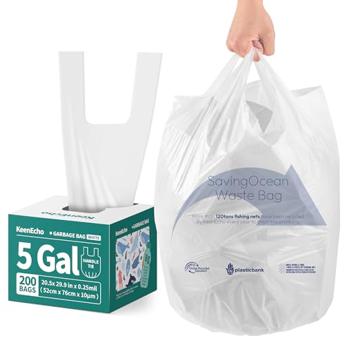 Small Trash Bags with Handles - Ocean Plastic Upcycling - Plastic Garbage Bags, Can Bin & Waste Basket Liner for Kitchen, Bathroom, Office and Pets,5 Gallon 200 Count White - color: 5Gal White, size: 1 DISPENSER BOX
