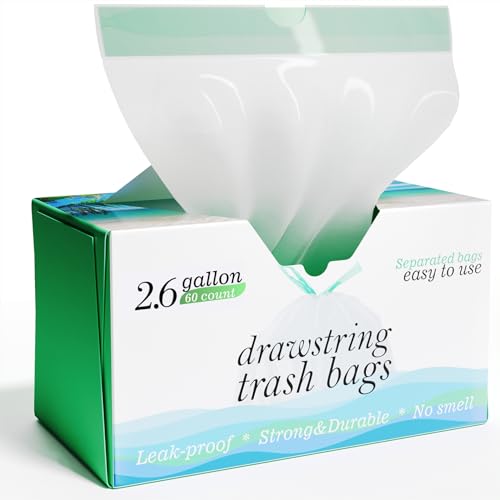 2.6 Gallon Drawstring Trash Bags - 0.43 Mil Strong - Small Garbage Bags - for Office Bathroom Kitchen - Individual, Unscented, White, 17" x 17", 60 Count - size: 60 Count (Pack of 1)