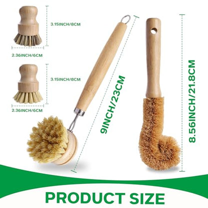 Bamboo Dish Brush Set - 5 Packs Natural Wooden Kitchen Brush, 4 Dish Scrubbers with One Replacement Head, Cleaning for Pots, Bottles and Vegetables