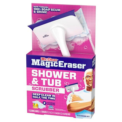 Mr. Clean Magic Eraser Shower & Tub Scrubber, Bathroom Cleaner, All in One Bathroom Cleaner, Lemon Starter Kit, 2 Scrubber, 5 Foaming Magic Erasers, 1 Whole Home Extra Durable Magic Eraser - size: 2 Devices + 6 Refills