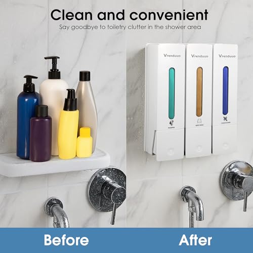 Shampoo and Conditioner Dispenser,Shower Dispenser 3 Chamber No Drill,Shower Soap Dispenser Wall Mounted for Bathroom Hotel with Upgrade Pump Head,3 * 400ml (White 3 Chamber) - color: White 3 Chamber