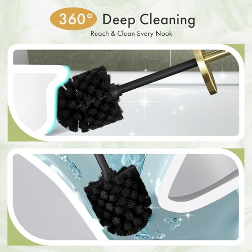 Toilet Bowl Brush and Holder Set 2 Pack with 4 Extra Brush Heads | Extra Long Handle with Splash Guard Cover, Tool-Free Installation, Bathroom Space-Saving, Cleaner Sets for Apartments, RV (Gold) - color: Gold