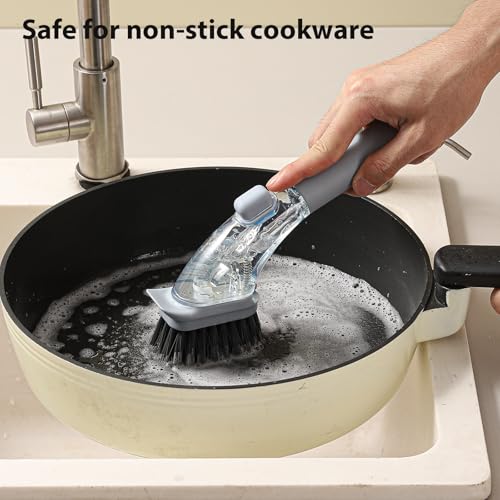 DAPOWER Soap Dispensing Dish Brush with Handle, Kitchen Scrub Brush for Dishes Pots Pans Sink Cleaning (Grayish Blue) - color: Grayish Blue