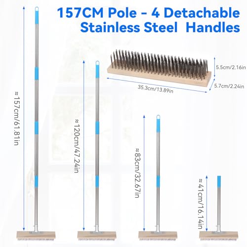 Heavy Duty Wire Broom with 70.8" Telescopic Handle: Stainless Steel Outdoor Broom for Cleaning Moss Concrete Floors Grout Gardens Patio Deck Concrete Garage (Style 2) - color: Apricot- 70.8 Inch