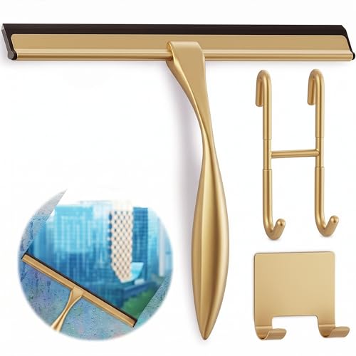 14 Inch Shower Door Squeegee - Gold Squeegee for Shower Glass with Stainless Steel Body, Silicone Blade, Adhesive & Hanging Hooks for Streak-Free Mirror, Tile, Window, Bathroom, Car, Everyday Home Use - color: Gold, size: 14 Inch
