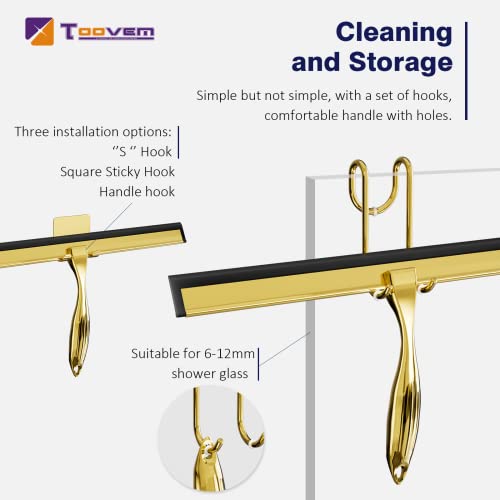 TOOVEM 14 Inch Shower Squeegee for Glass Doors, Window, Bathroom, Car Windshield, Shower Cleaning Tools with S Hook, Square Sticky Hook (Gold) - style: Gold 14 inch