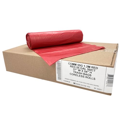 Ultrasac Heavy Duty 55 Gallon Red Trash Bags - (Value 50 Pack) - 1.5 MIL equivalent Industrial Strength Plastic 37" x 54" for 50-55 Gal Cans -Fits Toter, Rubbermaid Brute, Carlislie Bronco etc. - color: Red, style: 50-55 Gal, 1.5 Mil Equiv, 50 Count