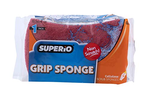 Non-Scratch Scrub Sponge with A Comfortable Grip, Heavy Duty Duel Sided Kitchen Scrubber Sponge Cellulose Scrub Sponge, Scratch Free, with Scouring Pad Set, Pack of 2, Blue-Red/Pink, by Superio - color: Red-blue