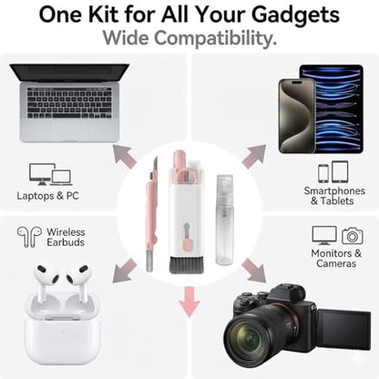 7-in-1 Multifunctional Electronics Cleaning Kit, Portable Keyboard Cleaner with Spray Bottle, Brush, Earbud Cleaner Tool for AirPods, Laptop, Phone, Screen, Camera, Headphones - color: Pink