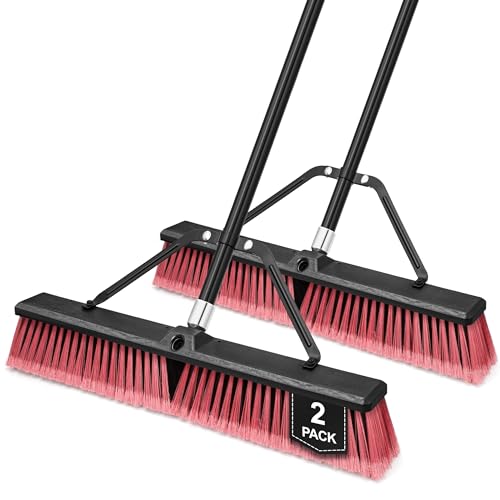 TidyBliss 24” Push Broom Outdoor Heavy Duty 2 Pack, Large Commercial Stiff Bristle Brush with 63 inches Long Handle for Garage Shop Garden Yard Patio Deck Street Warehouse Lawn Driveway (Red) - color: Red