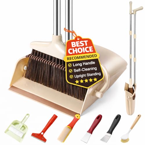 Broom and Dustpan Set with Long Handle and 6 Bonus Cleaning Tools, Upright Standing Combo with Self-Cleaning Teeth & Windproof Dustpan for Pet Hair, Home, Kitchen, Garage, Apartment - color: Beige&coffee