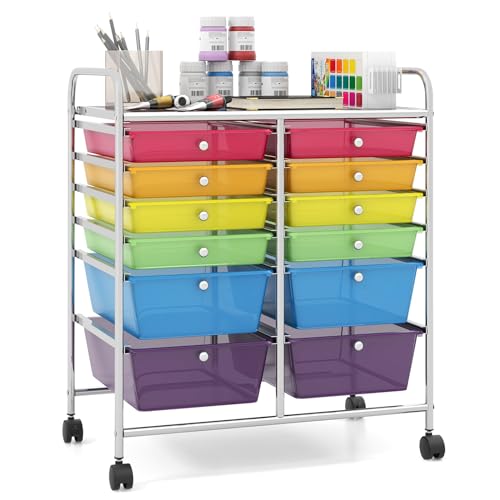Giantex 12 Drawer Rolling Storage Cart Tools Scrapbook Paper Office School Organizer (Multicolor) - color: Multicolor, size: 12 Drawer-25"x15"x29.5"