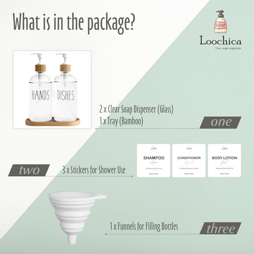 LOOCHICA Clear Glass Soap Dispenser Set with Tray, Transparent Dish and Hand Soap Dispenser Set, Refillable Reusable Apothecary Soap Pump Dispenser Bottles for Bathroom and Kitchen - color: A05-2 X Clear