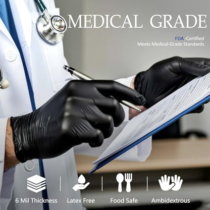 PROMEDIX P Black Disposable Nitrile Gloves, 6Mil 100 Pcs Food Safe Cooking Gloves Latex Free Rubber Gloves for Cleaning Exam - size: Large