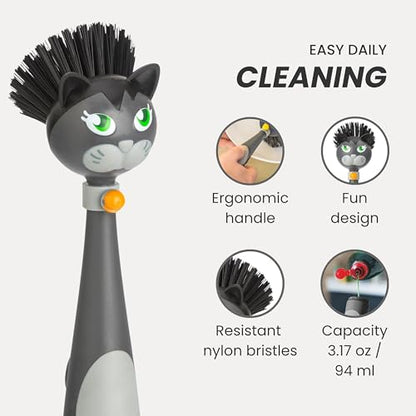 Vigar Soap Dispensing Dish Brush - Felix Cat-Shaped, Dish Brush with Handle and Soap Dispenser, Scrub Brush for Dishes, Pot Scrubber, Sink Scrubber, Dish Cleaner, and Kitchen Essentials - Black, Gray - color: Multicolor