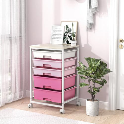 SYKIARIOL Utility Cart with 5 Drawers,Storage Drawer Cart with Wooden Tabletop and Lockable Wheels,Craft Storage Trolley Cart,5-Tier Rolling Utility Cart on Wheels,Rose Pink - color: Rose Pink