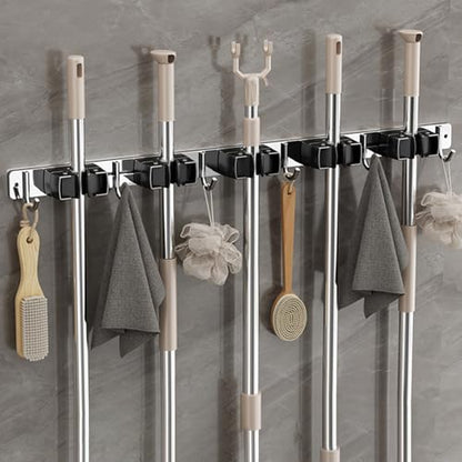 Wall-Mounted Broom Holder Stainless Steel Mop Storage Rack Laundry Room Storage Solution Suitable for Kitchens, Gardens,Garages (Option A: 5 clips with 6 hooks) - color: Option A: 5 clips with 6 hooks