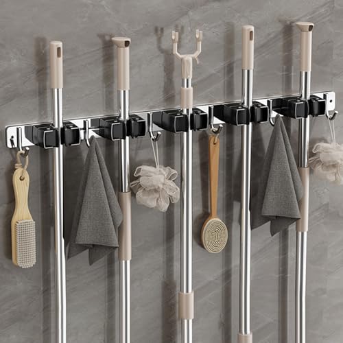 Wall-Mounted Broom Holder Stainless Steel Mop Storage Rack Laundry Room Storage Solution Suitable for Kitchens, Gardens,Garages (Option A: 5 clips with 6 hooks) - color: Option A: 5 clips with 6 hooks