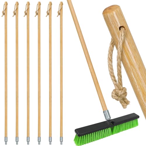 6 PK Wooden Push Broom Handle with American Threaded Metal Tips, 55” Lacquered Wood Handle with Easy Hanging Hemp Rope