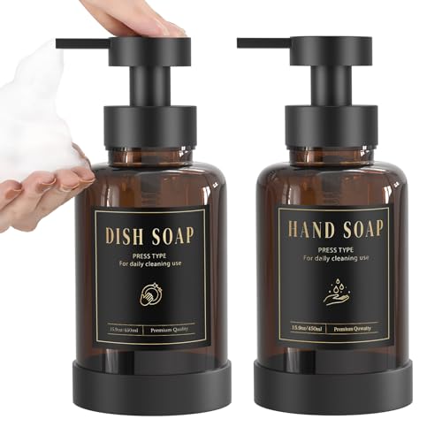 Luxspire Foaming Soap Dispenser, Glass Foam Pump Soap Dispenser, Non-Slip Hand Soap Bottle with 5 Waterproof Labels, 15 Oz Refillable Liquid Soap Bottle for Bathroom & Kitchen, Amber, 2 Pack - color: Amber