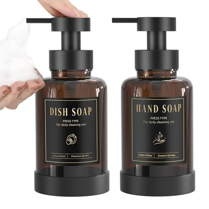 Luxspire Foaming Soap Dispenser, Glass Foam Pump Soap Dispenser, Non-Slip Hand Soap Bottle with 5 Waterproof Labels, 15 Oz Refillable Liquid Soap Bottle for Bathroom & Kitchen, Amber, 2 Pack - color: Amber