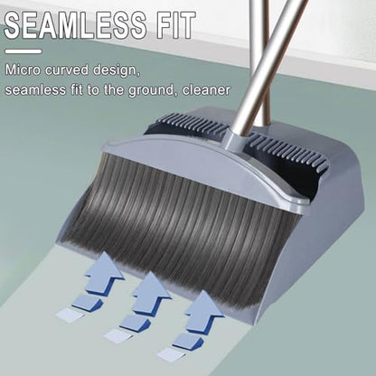 Long Handle Broom and Dustpan Set, Standing Storage, 28" Indoor Sweeping Combo for for Home & Kitchen, Broom with Dustpan Combo Set, Teeth Comb for Indoor&Outdoor
