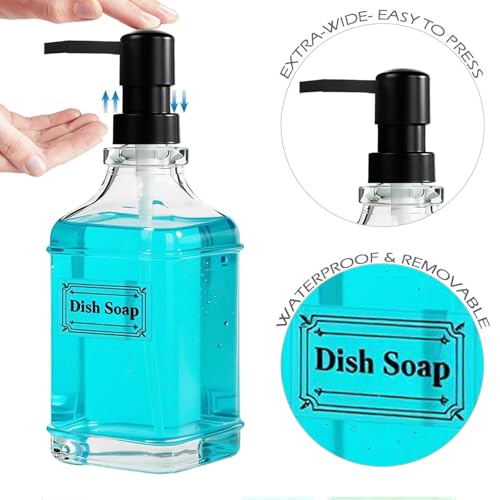 3 Pack Glass Soap Dispenser with Pump, 17oz/500ml Square Refillable Hand and Dish Soap Dispenser for Bathroom Decor & Kitchen Sink, Clear Pump Bottles for Liquid, Lotion (Includes 6 Labels) - size: 17 oz Clear 3Pack