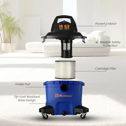 Koblenz WD-16 L4 Wet Dry Vacuum Cleaner, 16 Gallon Wet Dry Vac, 6.5 PHP, 3-in-1 Suction & Blower, Click-N-Lock Hose, Drain Plug, Big Vacuum Cleaner for Carpet & Floors, Swivel Casters, Black/Blue - size: 16 Gallon 6.5 HP