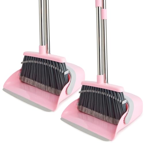 2-Pack Broom and Dustpan Set with Long Handle, Heavy Dust Broom and Dustpan Combo for Home，Kitchen, Office, Pet Hair(Grey Pink) - color: Pink 2-pack