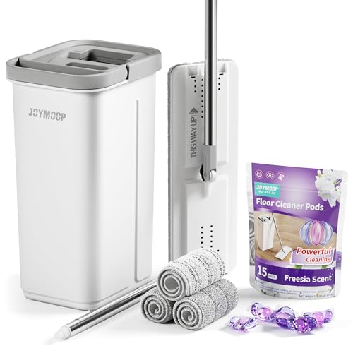 JOYMOOP Flat Mop System, Mop and Bucket Set, White, Commercial & Household Floor Cleaning Mop with Freesia Scent Cleaning Pods, Includes 3 Reusable Microfiber Pads and 15 Detergent Pods - color: White Litep1331
