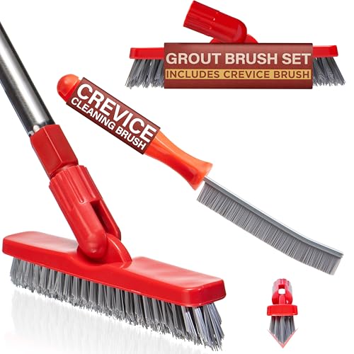 Grout Brush with Long Handle & Hard Bristle Crevice Cleaning Brush, Grout Cleaner for Tile Floors, Floor Scrubber for Tile Grout Line, Household Use, Multipurpose Gap Cleaning Tools by Foxtrot Living - color: Crimson