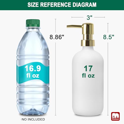 GMISUN White Soap Dispenser, 2 Pack Glass Hand Soap Dispensers Bathroom with Gold Pump, 17 Fl Oz Dish Soap Dispenser Set for Kitchen, Refillable Modern Liquid Soap and Lotion Dispensers Bottle - color: White Bottle + Golden Pump