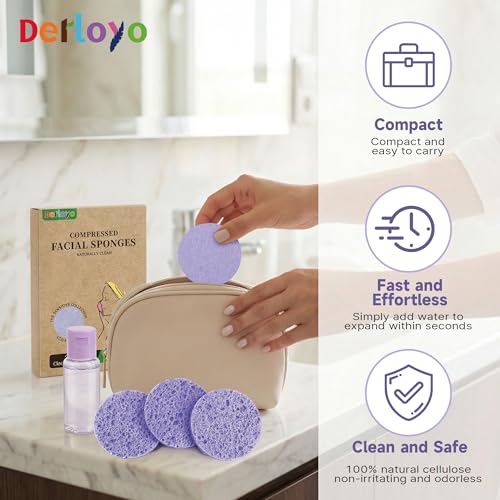 100-Count Compressed Facial Sponges for Washing face, Natural Cellulose Cosmetic Makeup Sponge for Facial Cleansing, Slight Exfoliating, Makeup Removal-(Purple Round Sponge) - color: Purple-round