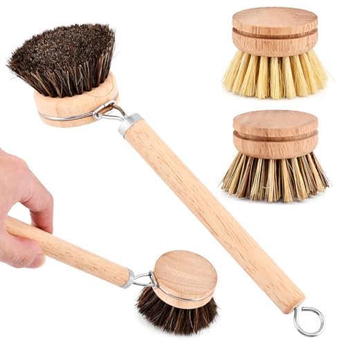 Bamboo Dish Brush with Handle, 3 Natural Bristle Heads (Horsehair, Sisal, Palm) Replaceable Heads, Wooden Dish Brush for Washing and Cleaning Pot Pan Bowl