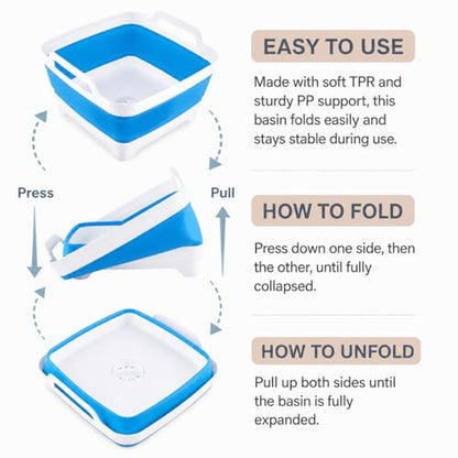 2.4 Gal(9L) Collapsible Dish Basin with Drain Plug, Space Saving Outdoor Multiuse Foldable Sink Tub, Dishpan, Kitchen Storage Tray for Camping, Vegetable Washing, RV (Blue) - color: Blue