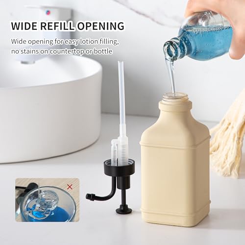 Enra Glass Soap Dispenser with Clear Window,12oz Matte Stainless Steel Hand Pump Dispenser,Hand and Liquid Soap Dispenser Rust Proof Countertop Lotion Bottle (Beige-Square-Liquid) - color: Beige-square-liquid