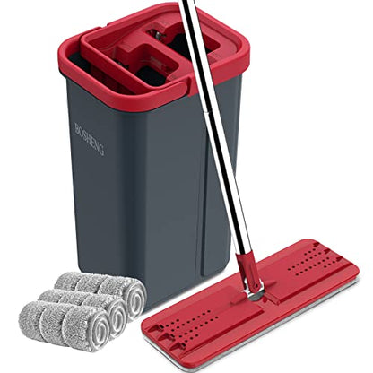 BOSHENG Hands-Free Mop and Bucket Set with 3 Washable Pads, Wet/Dry Floor Cleaning System, Red/Black - size: Mop and Buckets Set with 3 Pads Red