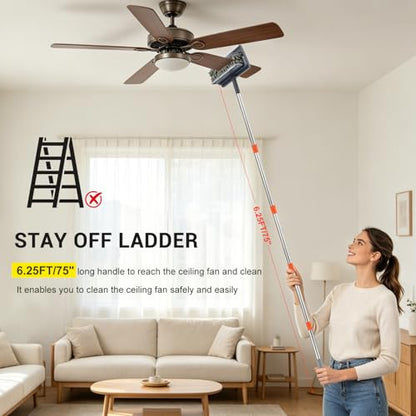 76 Inch Ceiling Fan Cleaner with Long Handle, 360° Fan Blade Cleaner, High Ceiling Duster Cleaning Kit with Cobweb Brush, Chenille and Microfiber Duster for Blinds, Walls and Light Fixtures - color: Gray-complete Duster Kit