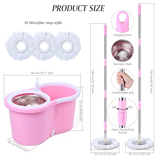 Cute Pink Mop and Bucket Set with 3 Extra Refills (Pink)