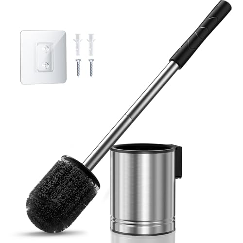 HAMITOR Toilet Bowl Brush Set: Compact Space-Saving Design with Hidden Holder for Small Bathrooms, Apartments & RVs - Bathroom Cleaning Accessories - Rustproof Toilet Scrubber Cleaner Kits Silver - color: Silver