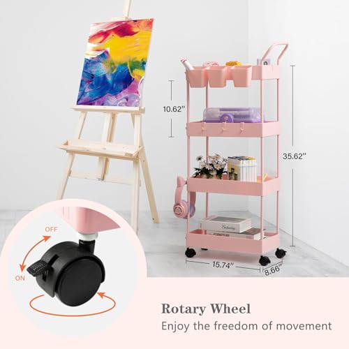 Danpinera 4-Tier Pink Slim Storage Cart, Narrow Laundry Cart with Wheels, Dividers, Hanging Cups, Hooks, Easy Assembly - style: 4 Tier Pink