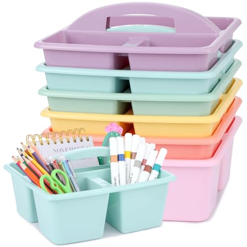 gisgfim 6 Pack Classroom Caddy with Handle Plastic Storage Caddy Organizer with 3 Compartments Desk Caddies Holder Portable Storage Bin for Pencil, Crayon, Marker, Home, Office, School Supply(Pastel) - color: Pastel