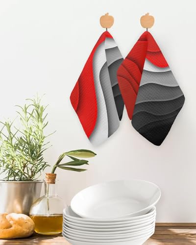 Abstract Red Dish Towels Set,Waffle Weave Kitchen Towels 2 Pieces,Microfiber Hair Face Bath Tea Towel Absorbent Quick Drying Cleaning Dish Cloths,Modern Geometric Ombre Grey White Art 12"x12" - color: Red, size: 2PCS,12"x12"