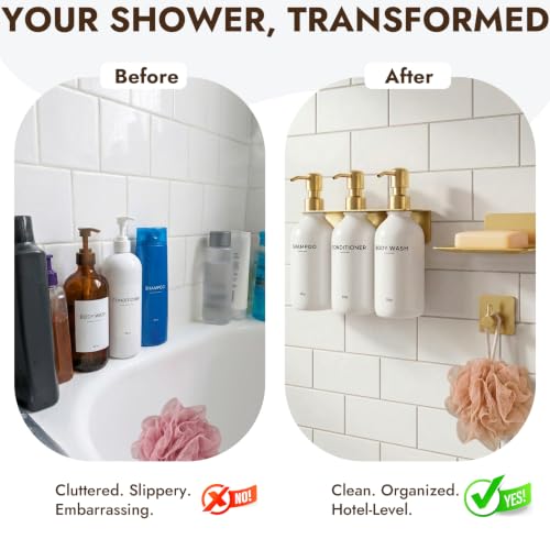 KOUCHU Shampoo and Conditioner Dispenser - Wall Mounted Shower Soap Dispenser - 17oz No-Drill Refillable Plastic Bottles with Stainless Steel Pump for Bathroom - Includes Soap Dish and Hook (Gold) - color: Gold