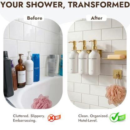 KOUCHU Shampoo and Conditioner Dispenser - Wall Mounted Shower Soap Dispenser - 17oz No-Drill Refillable Plastic Bottles with Stainless Steel Pump for Bathroom - Includes Soap Dish and Hook (Gold) - color: Gold