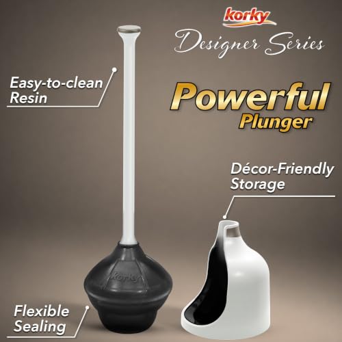 Korky White Toilet Plunger and Holder – Heavy Duty Compact Design – Fast Clog Removal – Easy to Clean - Made in USA - color: White